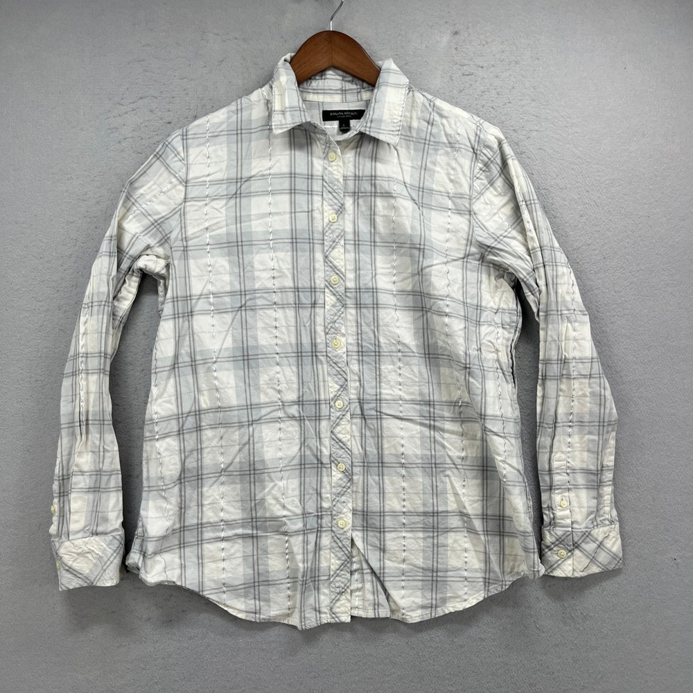 Banana Republic Button Down Womens L White Dillon Plaid Metallic Lurex Preppy